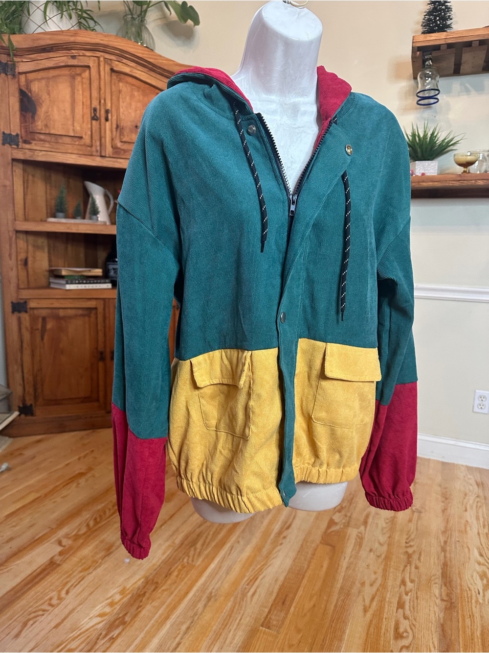 SHEIN Colorblock Hooded Jacket in Teal, Yellow & Red